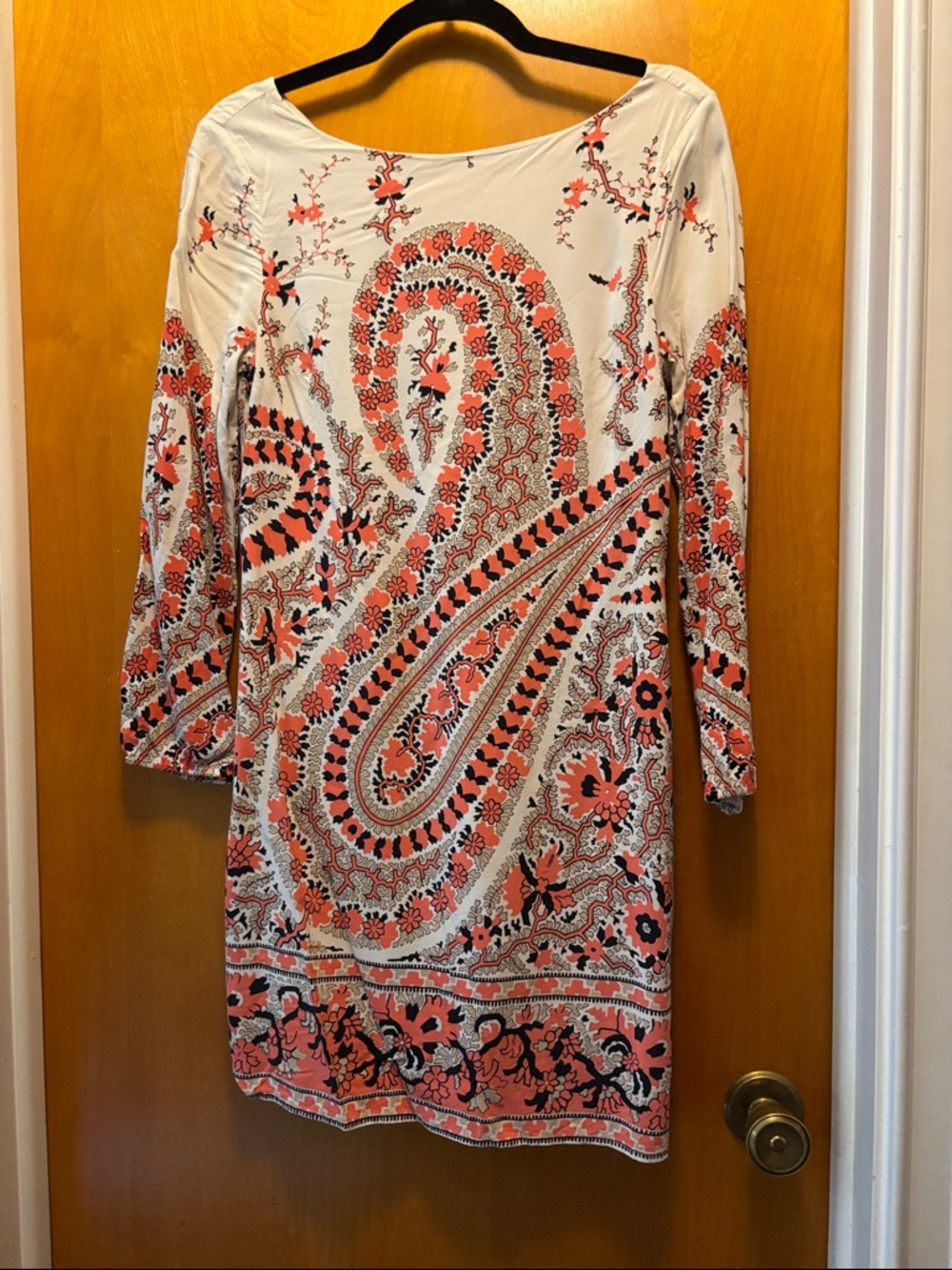 Old Navy Cream and Coral Paisley Long-Sleeve Shift Dress